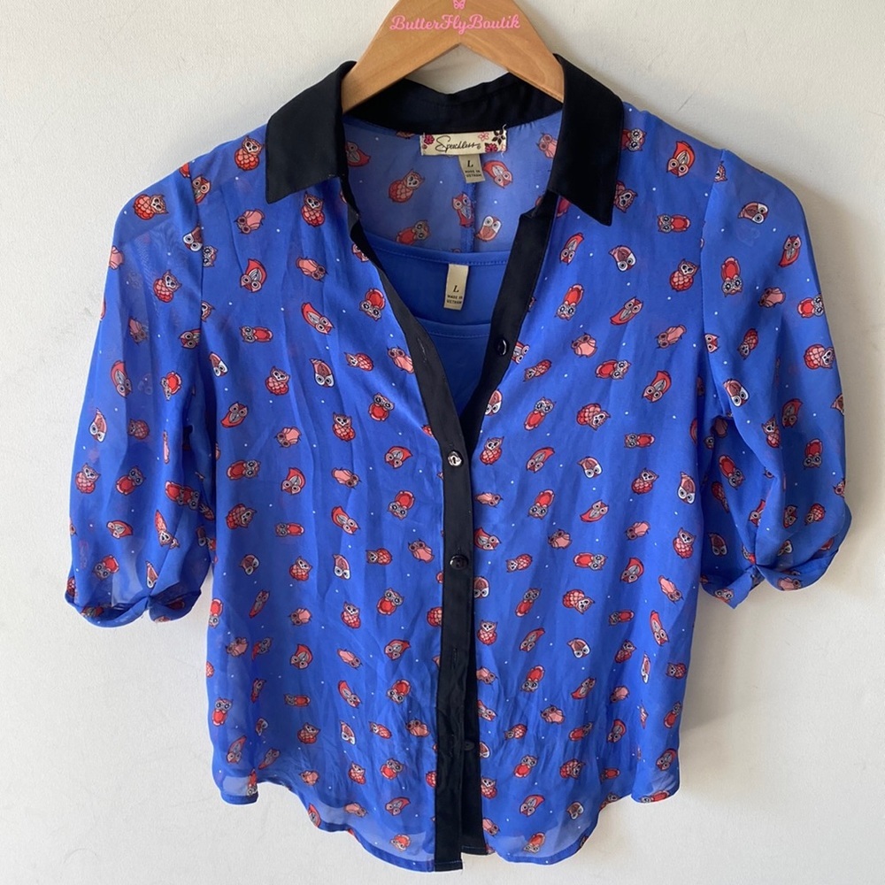 Speechless owl print Top with‎ blue cami, Size L